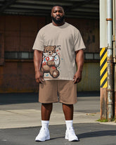 Big Men's Hip Hop Cute Cartoon Bear Printed Casual Short Sleeve T-shirt Shorts Set